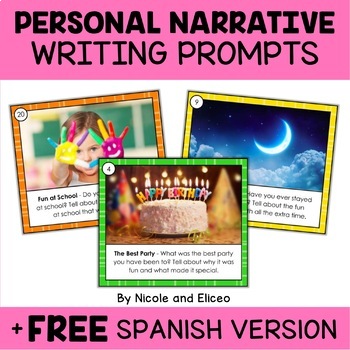 Preview of Personal Narrative Writing Prompt Task Cards + FREE Spanish