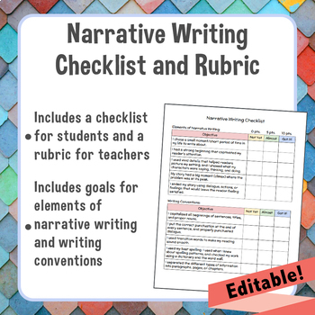 Preview of Personal Narrative Writing Student Checklist and Teacher Rubric *Editable*