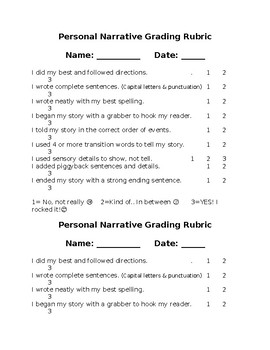 Preview of Personal Narrative Writing Student Rubric