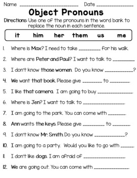 Personal Pronouns: Subject and Object Pronouns Worksheets Distance Learning