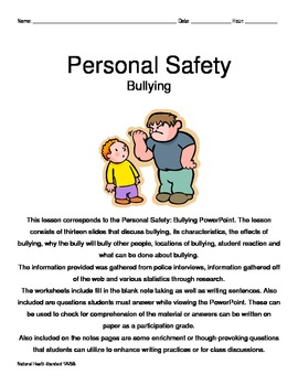 Preview of Personal Safety: Bullying Notes Pages
