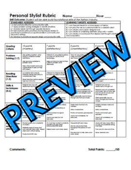 Preview of Personal Stylist - Fashion Career Project STANDARDS BASED RUBRIC