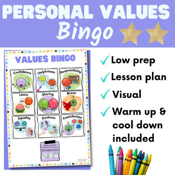 Preview of Personal Values Bingo Game 3x3 - Pre-K to Grade 3 - Social Emotional Learning