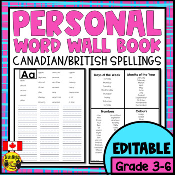 Preview of Personal Word Wall Book Canadian British Version