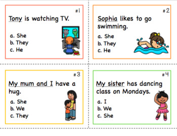 Preview of 48 Personal pronouns task card SCOOT activity for ESL, ELL, ELA