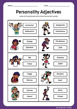 Preview of Personality Adjective Vocabulary Worksheet