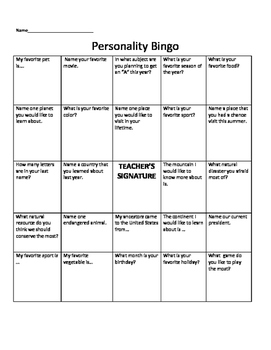 Personality bingo