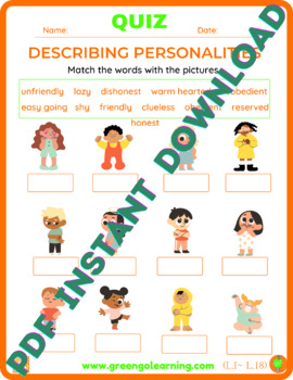 Preview of Personalities / ESL PDF QUIZ / CHILDRENS MONTH INSPIRATION