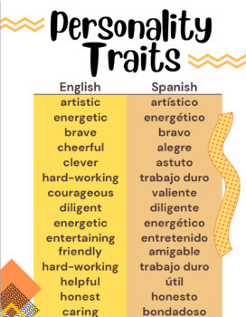 Personality Traits (English & Spanish) by Miss M's Gems | TPT