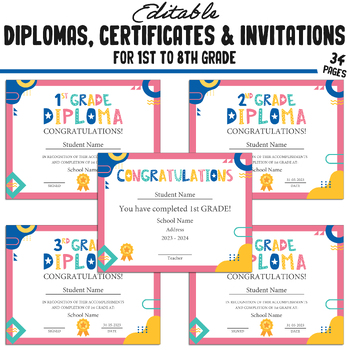 Preview of Personalized 1st, Second-8th Grade Achievement Certificates Diplomas Invitations