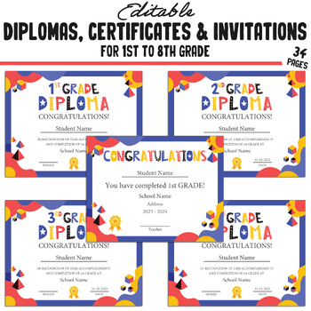 Preview of Personalized 1st, Second-8th Grade Diploma, Graduation Certificates, Invitations