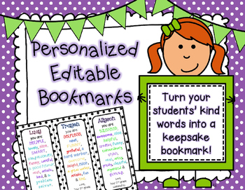 Preview of Personalized Editable Bookmarks Year End Keepsake, Bucket Filler, Student Gift