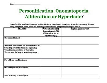 Preview of Figurative Language:  Personification, Onomatopoeia, Alliteration or Hyperbole