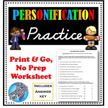 Preview of Personification Practice Worksheet and Assessment - DISTANCE LEARNING!