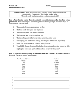 Preview of Figurative Language Worksheet: Personification Practice