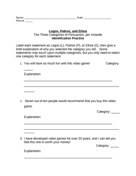 Preview of Persuasion: Logos, Pathos, and Ethos Identification Practice Sheet 