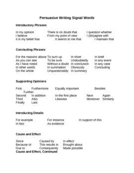 Preview of Persuasion: Persuasive Writing Signal Words Handout