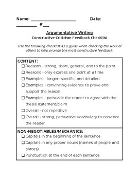 Preview of Persuasive/Argumentative Essay Writing Checklist for Peer Editing
