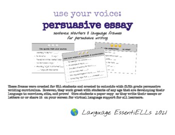 Preview of Persuasive Essay & Opinion Writing Language Frames/Transitional Phrases for ELLs