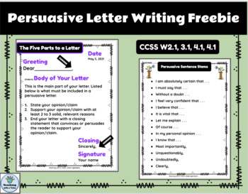 Preview of Persuasive Letter Chart and Sentence Stems Freebie
