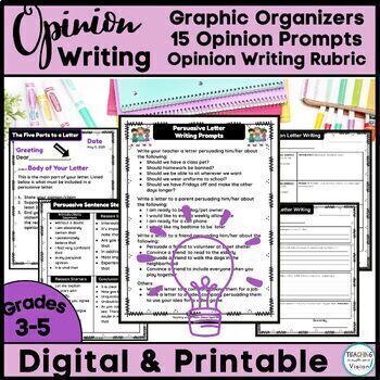 Preview of Opinion Writing Prompts with Sentence Starters and Rubric for 3rd 4th 5th