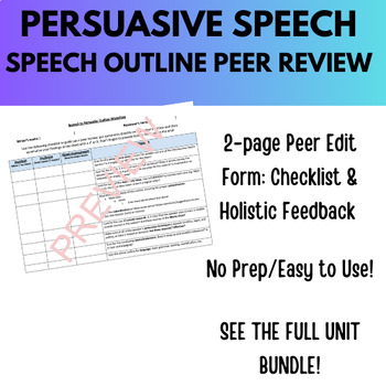 Preview of Persuasive Speech 2-page Outline Peer Edit Worksheet (Public Speaking Unit)