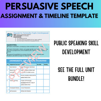 Preview of Persuasive Speech Assignment Sheet & Timeline Template (Public Speaking Unit)