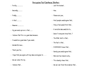 Preview of Persuasive Text Sentence Starters