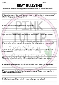 Persuasive Writing Comprehension - Beat Bullying | TPT