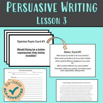 Preview of Persuasive Writing Lesson Level 3 Opinion Essays and Task Cards