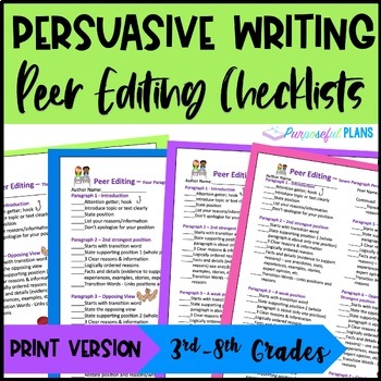 Preview of Peer Editing Checklist - 4 Persuasive Writing Peer Review Checklists for 3rd-8th