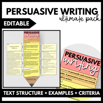 Preview of Persuasive Writing Pencil: EDITABLE [Examples, Wall Display and Criteria]