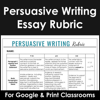 Preview of Persuasive Writing Rubric for Essays or Letters, High School Essay Writing