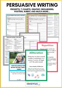 Preview of Persuasive Writing Unit - Prompts, Graphic Organisers, Task Cards, Rubric