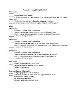 Preview of Persuasive essay writing editing review checklist self/peer review