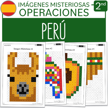 Preview of Peru Math Mystery Pictures SPANISH Version Grade 2 Additions Subtractions