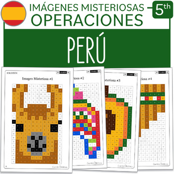 Preview of Peru Math Mystery Pictures SPANISH Version Grade 5 Multiplications Divisions