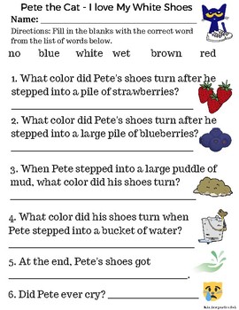 Preview of Pete the Cat - I Love My White Shoes comprehension