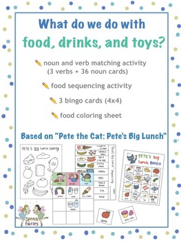 Preview of Pete the Cat: PETE'S BIG LUNCH Activity Pack *Noun/Verb Sort, Sequencing, BINGO*