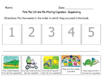 Preview of Pete the Cat and the Missing Cupcakes Sequencing and Actions