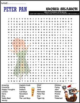 Peter Pan Novel Vocabulary Study Worksheets Word Search Crossword