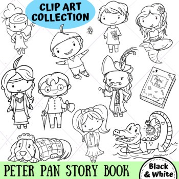 Preview of Peter Pan Story Book Clip Art (BLACK AND WHITE ONLY)