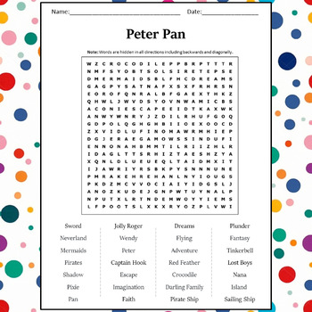 Peter Pan Word Search Puzzle Worksheet Activity by Word Search Corner