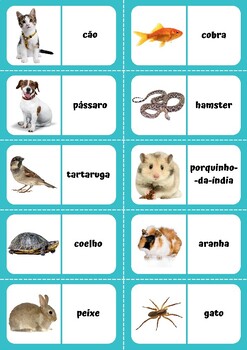 Preview of Pets (Animais de estimação) vocabulary domino game in Portuguese