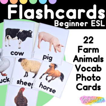 Preview of Editable ESL Flashcards Farm Animals Vocabulary Photo Picture Cards ESL SPED