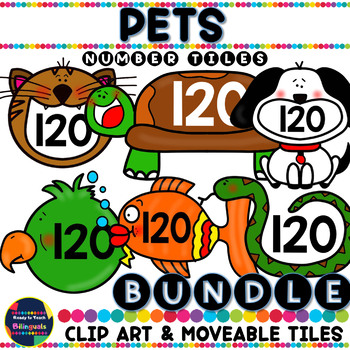 Preview of Pets Clip Art & Moveable Tiles Bundle - Numbers 0-120 & Math Symbols