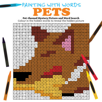 Preview of Pets Reading and Writing Vocabulary Word Search Mystery Picture to Color