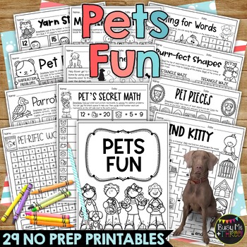 Preview of Pets Theme No Prep Fun Worksheets Word Search Crossword Puzzles Math ELA
