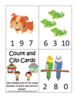 Preview of Pets Themed Count and Clip Printable Preschool Math Activity Game.