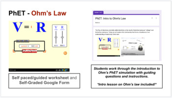 Preview of PhET Simulation: Intro to Ohm's Law, Guided Worksheet and Google Form